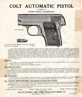 Colt M1908 .25 automatic pistol instructions M-95-R 3rd cover