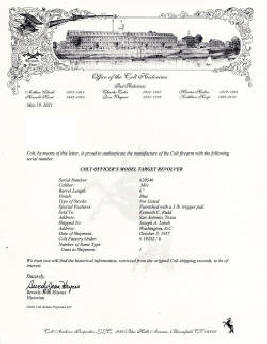 Colt factory letter for Colt Officers' Model Target .38 (1937) heavy 6 in. bbl.