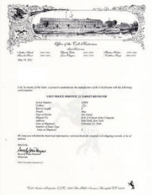Colt factory letter for Colt Police Positive Target .22 (1938) 6 in. bbl. 