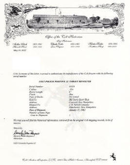 Colt factory letter for Colt Police Positive Target .22 (1941) 6 in. bbl. 
