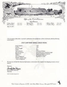 Colt factory letter for Colt 'Camp Perry' Target Pistol .22LR (1929) 10 in. bbl.