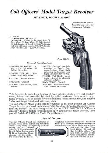 Colt's Officer's Model Target .38, 6 in. heavy bbl. 1938 catalog