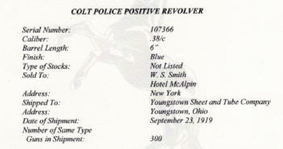 Colt Police Positive .38, (1919) 6 in. bbl.  enlarged factory letter