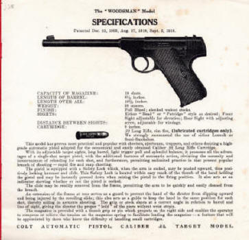 Colt Woodsman automatic pistol specifications brochure
