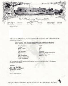 Colt factory letter for Colt Model 1908 Pistol .380 ACP.,(1922) 3 3/4" bbl