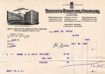 Invoice Simmons Hardware for Colt Navy Revolver to Robert McIntosh