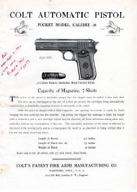 Colt M1903 Automatic Pistol Pocket Model (hammered) Instruction sheet, Cal .38