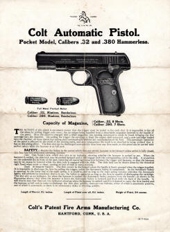 Colt M1908, .32 & .380 Hammerless Automatic Pistol instructions,