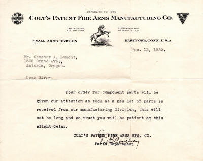 1929 letter from Colt's parts department about delay in shipping a new list