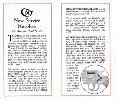1929 Colt New Service Revolver brochure details