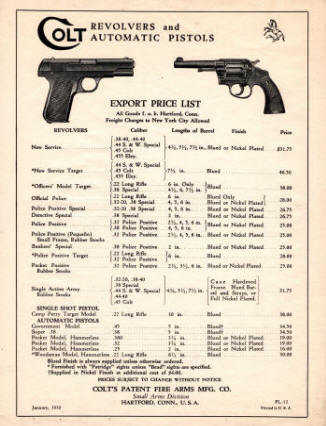 Colt Export Price List, revolvers and pistols, 1930