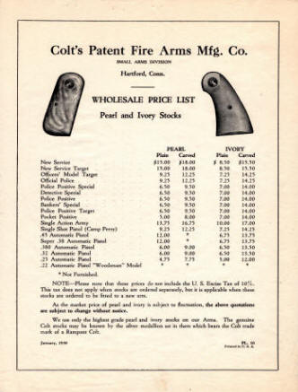 Colt Wholesale Price List, pearl and Ivory stocks; Form PL-10, 