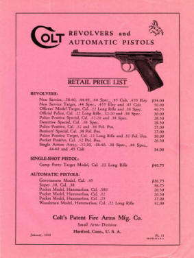Colt Retail Price List, revolvers and pistols, 1930, PL-111
