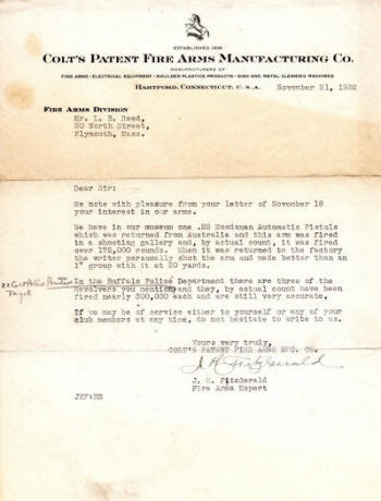1932 letter from Colt to L.B. Reed about the Woodsman accuracy