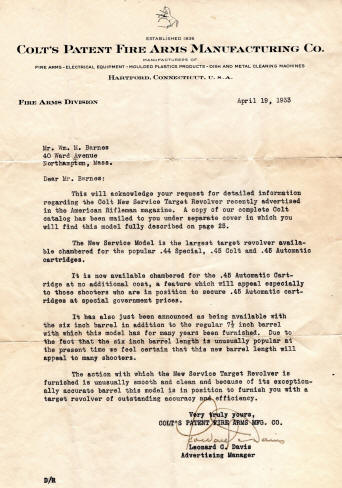 Colt 1933 letter to customer regarding New Service Target revovler