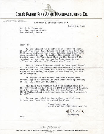 1938 colt letter to E. L. Caperton, san antonio, texas about his dragoon revolver