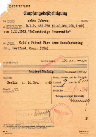 1940 German invoice for Colt patent continuation