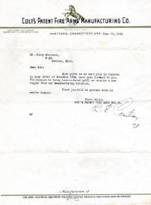 1941 Colt letter stating they are struggling to get parts