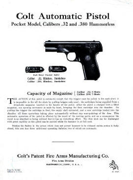 Colt Automatic Pistol, Pocket Model, Hammerless .32, .380 Form  M-1662 / AL 10-45