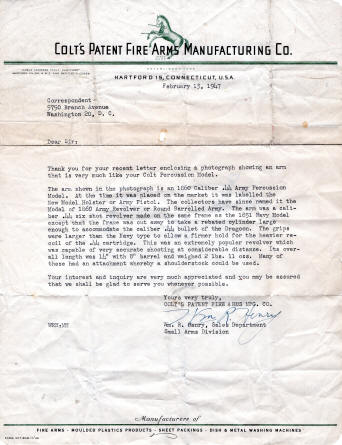 1947 Colt letter about identification of a .44 Army revolver