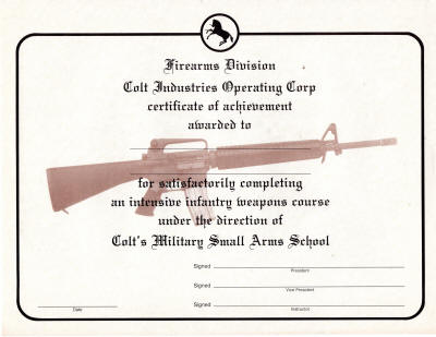 1970s Colt small arms course certificate