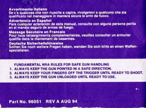 Colt 1994 CC5140 pistol manual back page