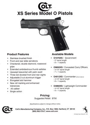 2000 Colt pocket folder catalog XS Series Model 0 pistol