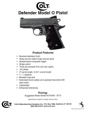 2000 Colt pocket folder catalog defender model 0 pistol