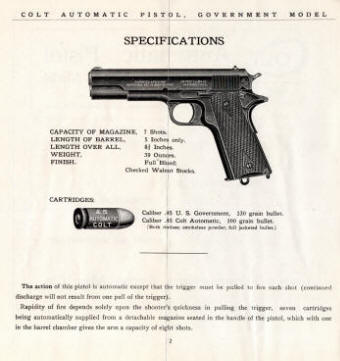 Colt Automatic Pistol specifications for the Caliber 45 Government Model-3