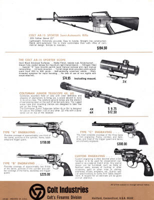 1966 Colt handguns and rifles catalog, showing the AR-15 and Colt 3x20 scope