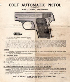 Colt M1908 .25 Automatic Pistol pocket model, hammerless Instructions Form (M-95-R)-2nd