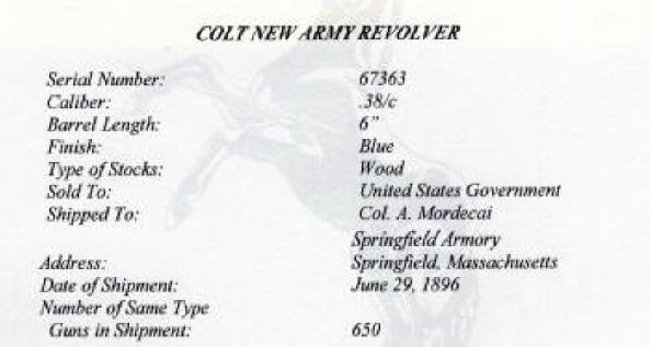 Colt U.S. Army Model 1894, .38 (1896), 6" bbl enlarged factory letter