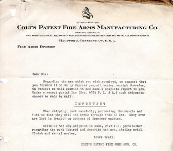 Colt shipping instructions for repair in 1931-39 period