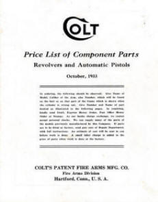 1933 Colt price list of component parts for revolvers