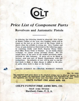 1942 Colt price list of component parts catalog cover with label