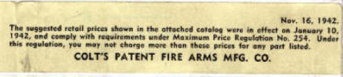 1942 Colt Price list of Component Parts Revolvers and Automatic Pistols