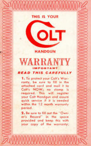 1960s Colt handgun warranty card form W-100