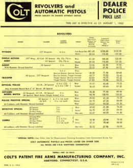 1962 Colt police dealer revolvers and pistols price list JP-100-8