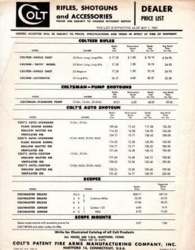 1963 Colt dealer price list for rifles, shotguns and accessories
