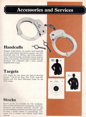 1971 Colt handcuffs ad showing handcuffs, targets, tear gas kit