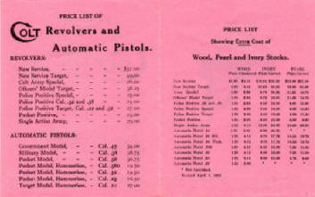 Back side shows price list with Revised April 1, 1921 date for Extra Cost Wood, Pearl & Ivory Stocks