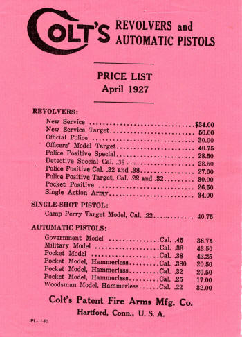 Colt 1927 price list from the 1927 Colt catalog A-70-9th