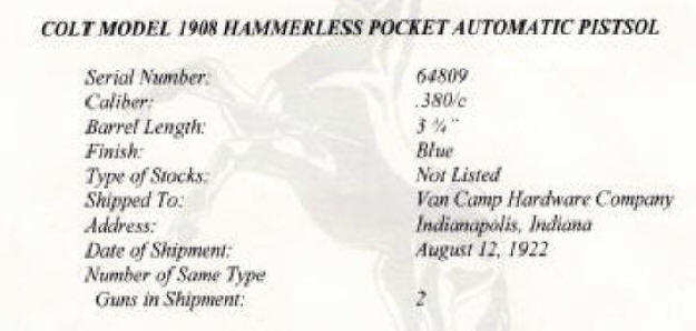 Colt Model 1908 Pistol .380 ACP.,(1922) 3 3/4" bbl enlarged factory letter
