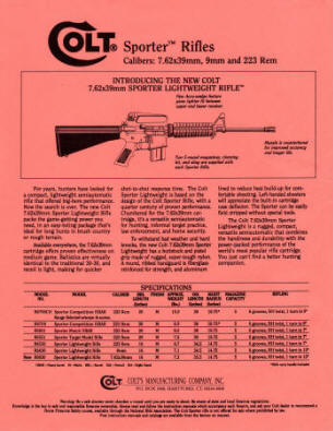 1992 Colt Sporter Rifle 7.62x38. 9mm, 223 Rem. specs