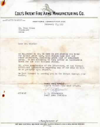1942 Colt communitcation with customer about a Woodsman pistol