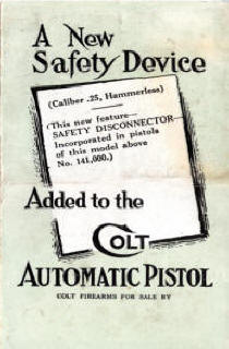 Colt New Safety Device added to automatic pistol 1918