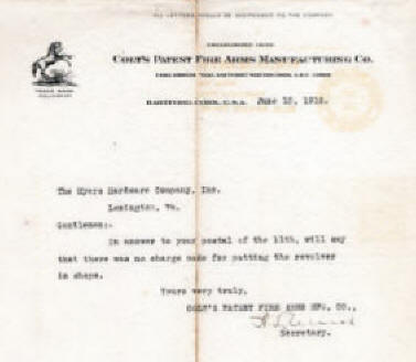1930s letter to the Colt fire arms factory