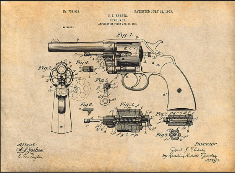 1903 Patent drawing of 1889 Colt revolver by Carl J. Ehbets