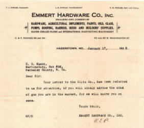 Letter from Colt Firearms to customer of Emmert Hardware in 1928