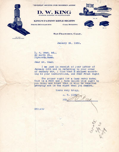 1930 King's Patent Rifle Sights letter to D. L. Reed about Colt front sight